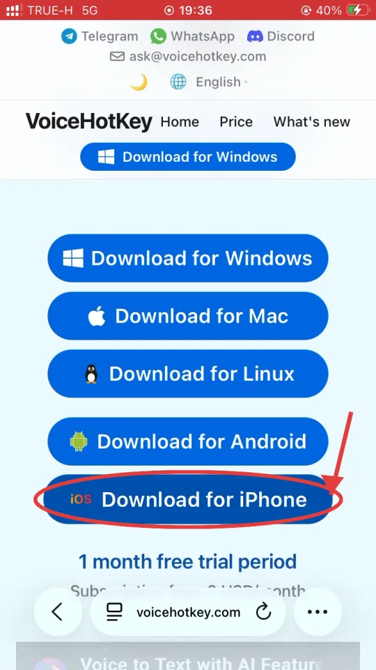 Página principal de voicehotkey.com con el botón Download for iPhone
