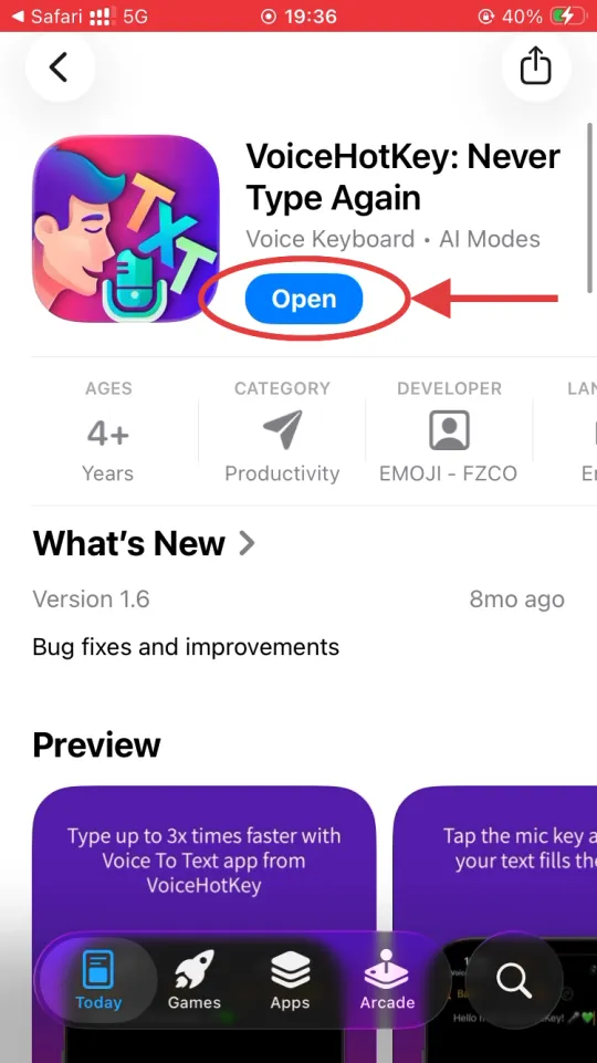 Botón Open de la App Store después de instalar