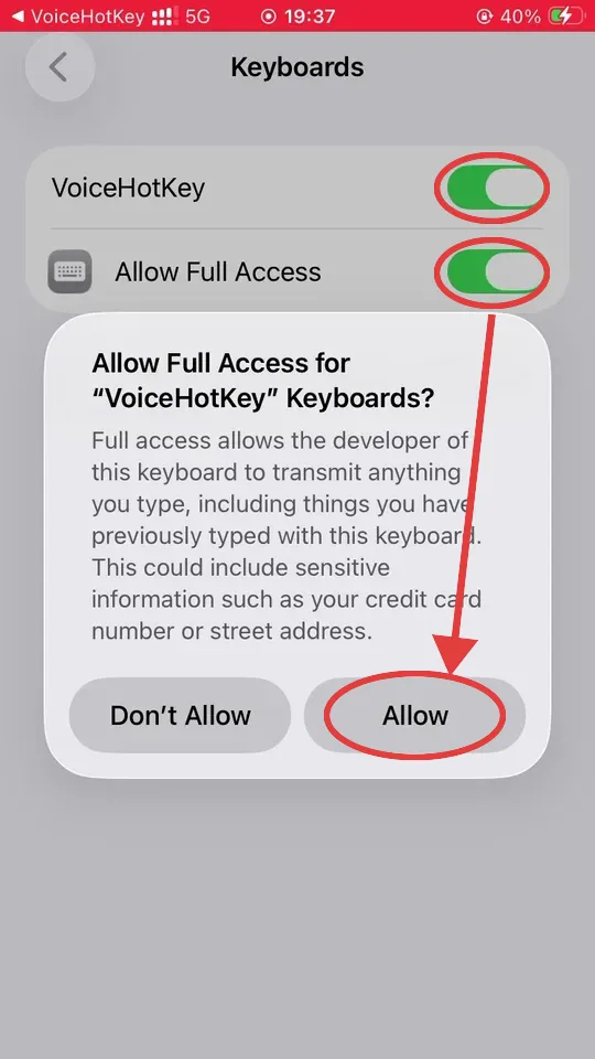 Diálogo de aviso de iOS Allow Full Access