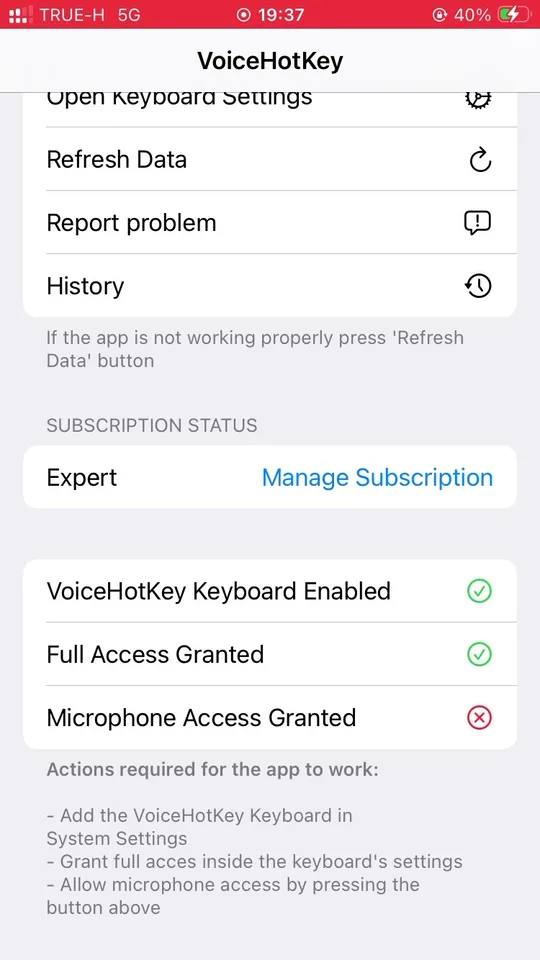 App mostrando acciones requeridas, falta el permiso del micrófono