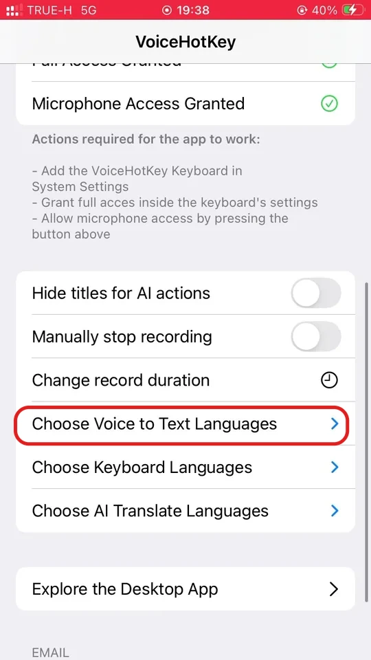 Opciones de los ajustes de VoiceHotKey
