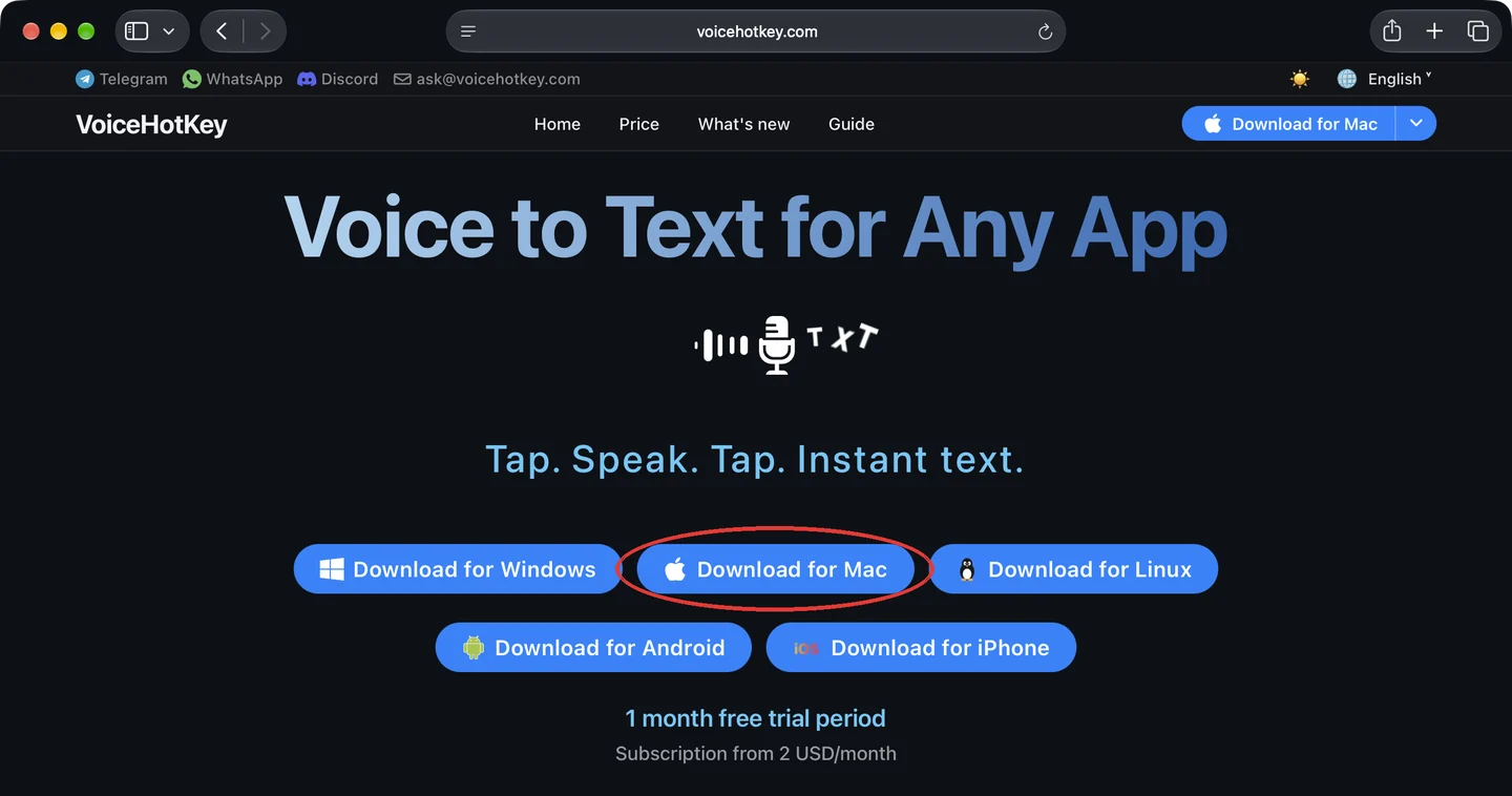 Página de inicio de voicehotkey.com con el botón de descarga para Mac