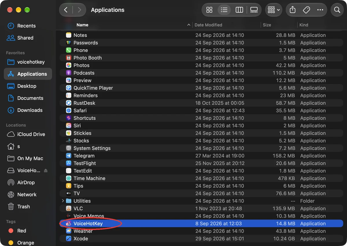 VoiceHotKey en la carpeta Aplicaciones