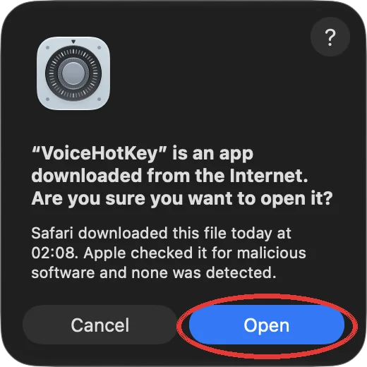 Diálogo de macOS sobre una app descargada de Internet con el botón Abrir