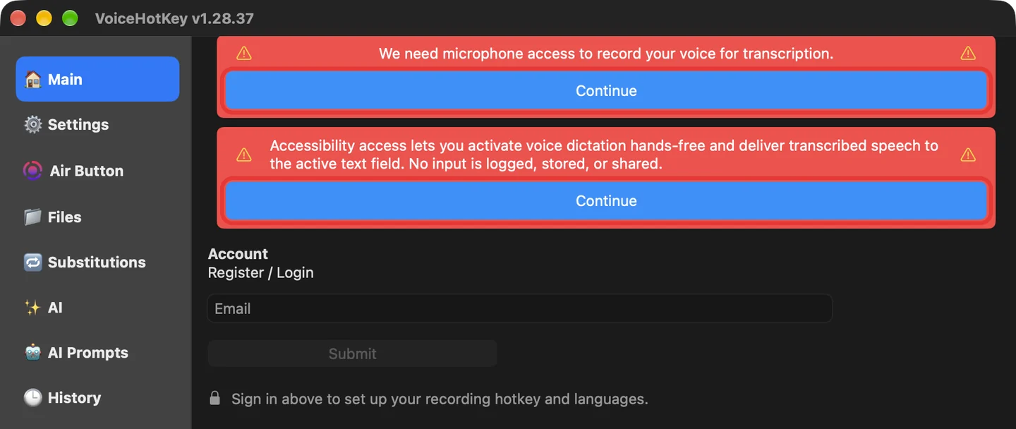 Ventana principal de VoiceHotKey con los avisos de micrófono y accesibilidad