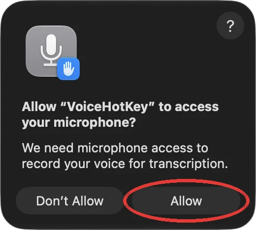 Solicitud de acceso al micrófono de macOS con el botón Permitir