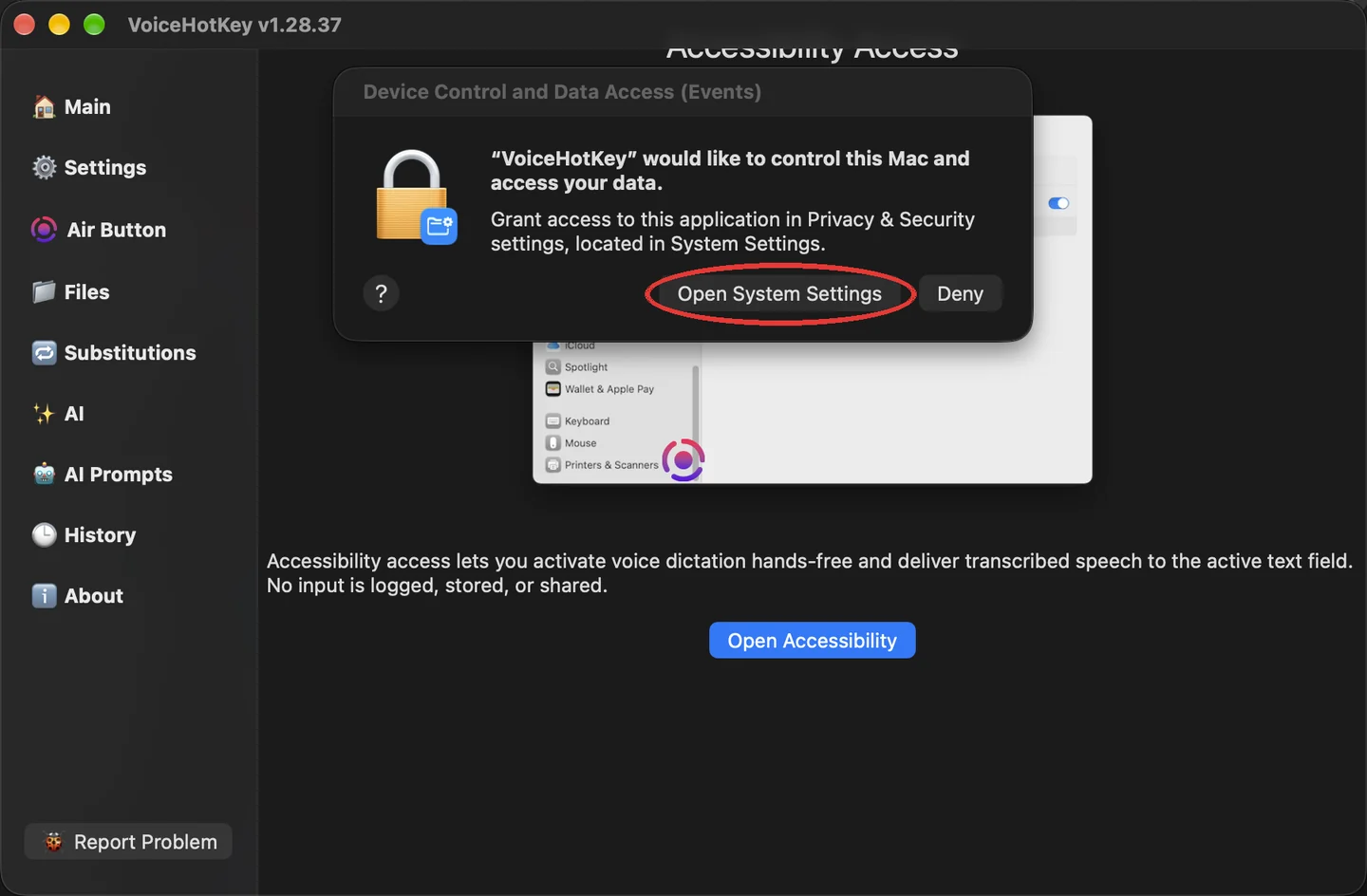 Solicitud de accesibilidad de macOS con el botón para abrir Ajustes del Sistema