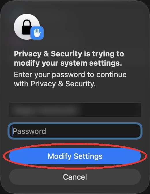 Solicitud de contraseña de macOS con el botón para modificar ajustes