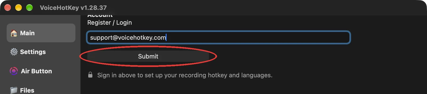 Campo de correo de VoiceHotKey con el botón Enviar