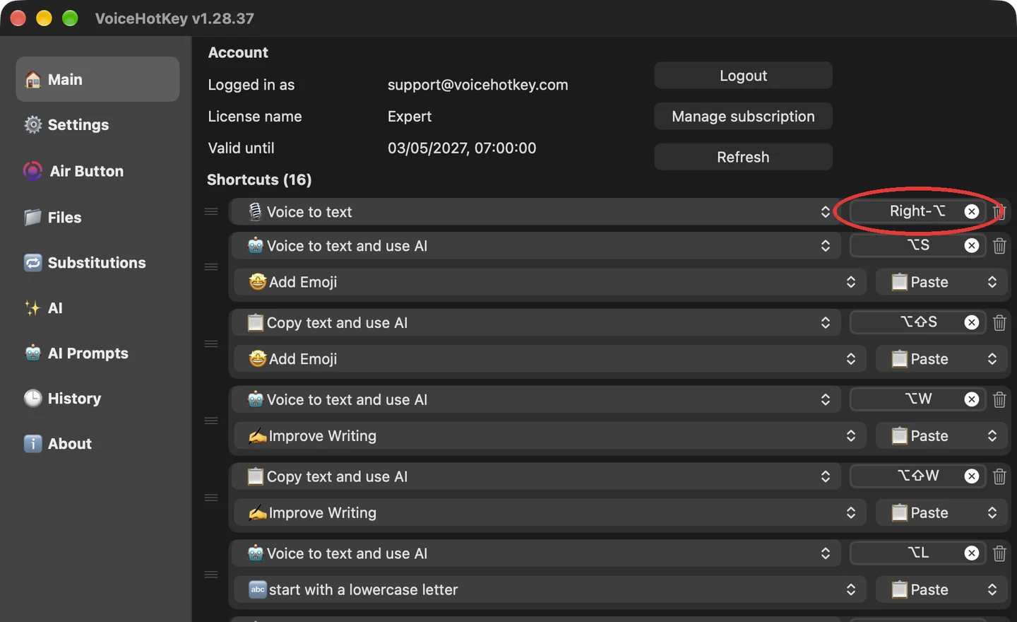 VoiceHotKey con la sesión iniciada y Opción derecha como atajo de dictado