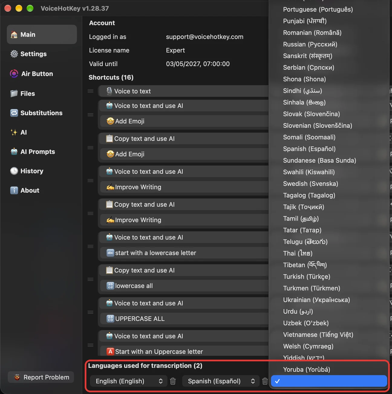 Idiomas de transcripción con la lista desplegada