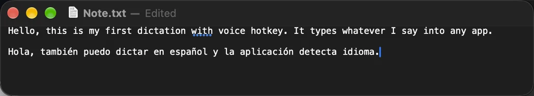 Texto dictado en inglés y español e insertado en una nota