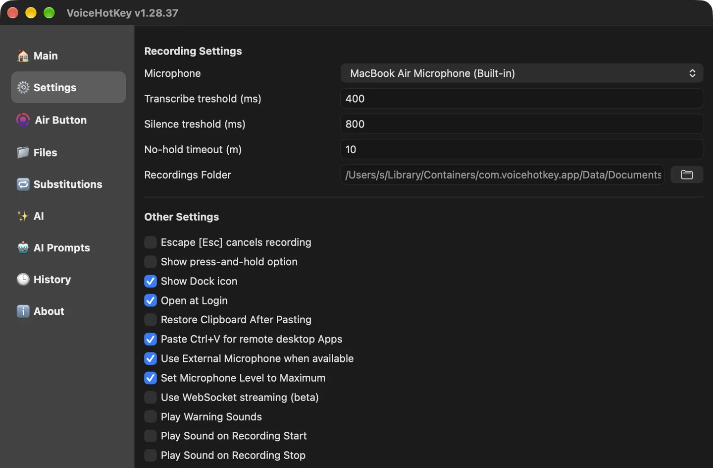 Pestaña Configuración de VoiceHotKey