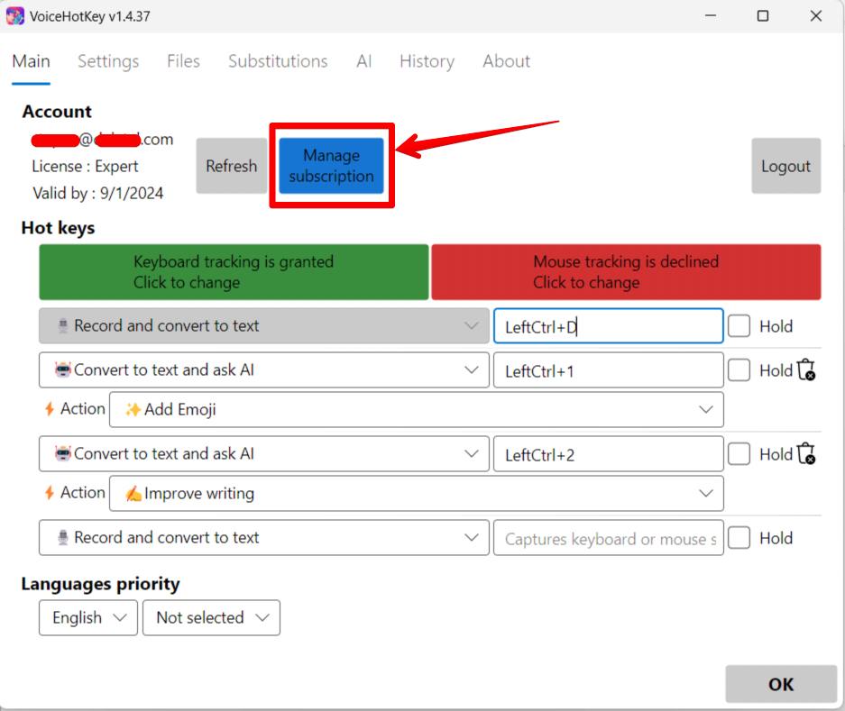 VoiceHotKey Windows Gestionar suscripción