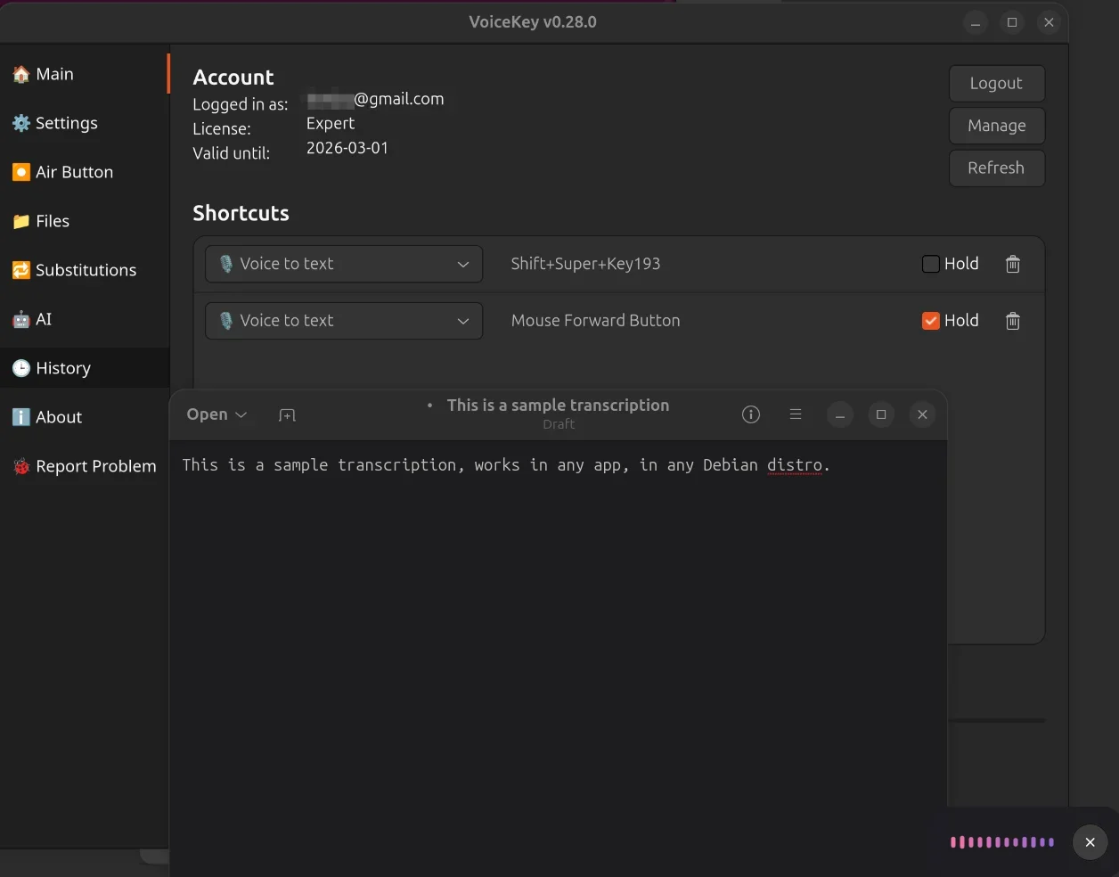 Aplicación de dictado por voz VoiceKey ejecutándose en Ubuntu Linux con atajos y transcripción en vivo